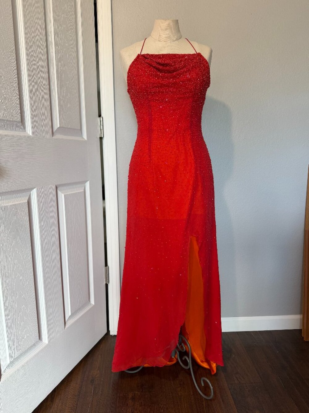 SCALA Red Silk Beaded Cowl Neck Open Back Formal Gown S